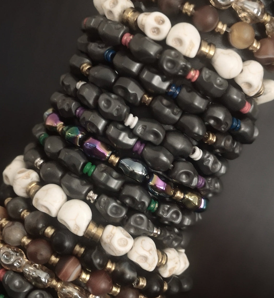 Hematite Frosted Skull - Guitar Ball End Elasticated Bracelet
